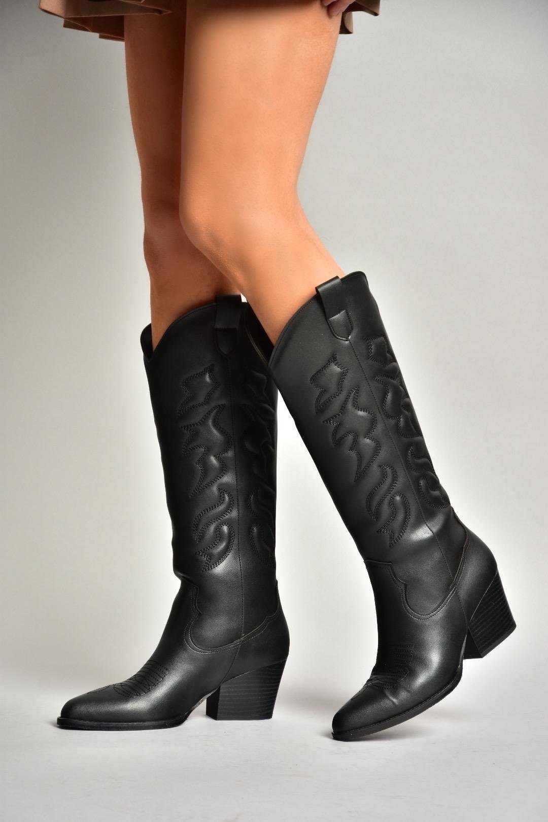 T296815009 Siyah Kovboy Model Kadın Çizme