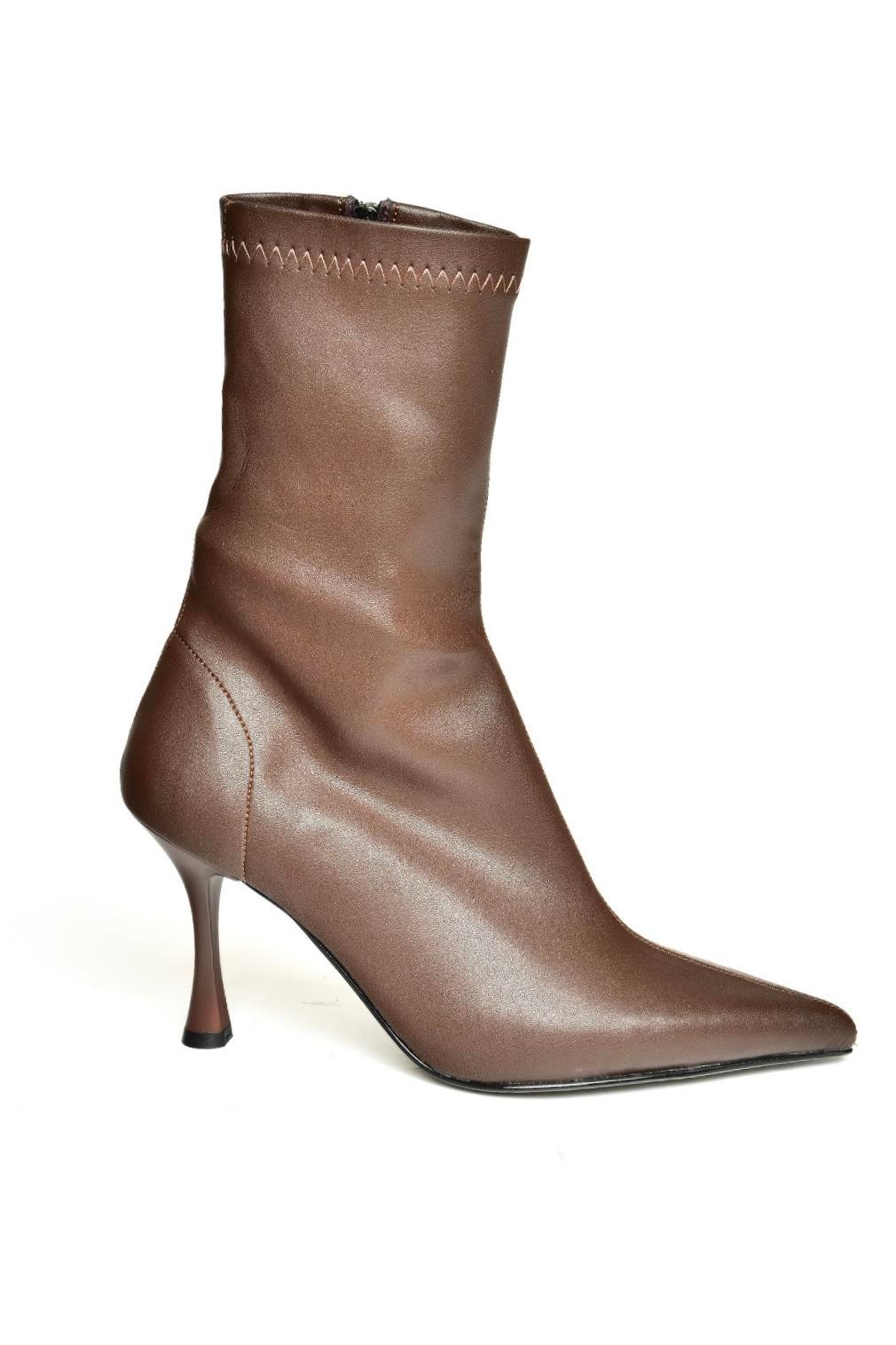 T752582409 Kahverengi Streç Deri İnce Topuklu Kadın Bot