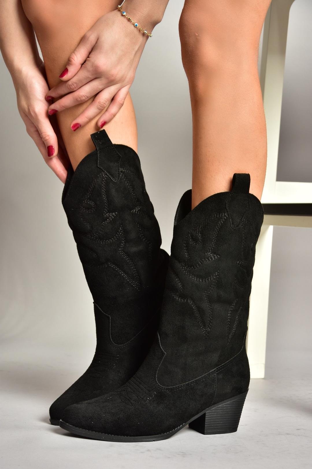 T820088702 Siyah Süet Kovboy Model Kadın Çizme