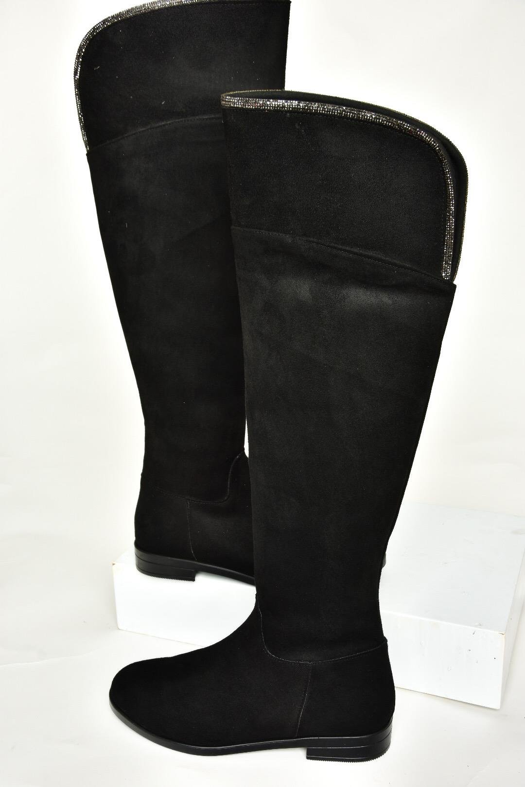 T848643502 Siyah Süet Taş Detaylı Kadın Çizme