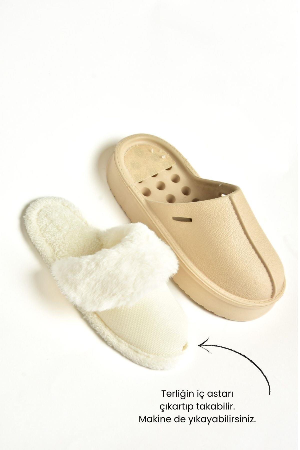 T918264209 Bej İçi Peluş Kadın Terlik