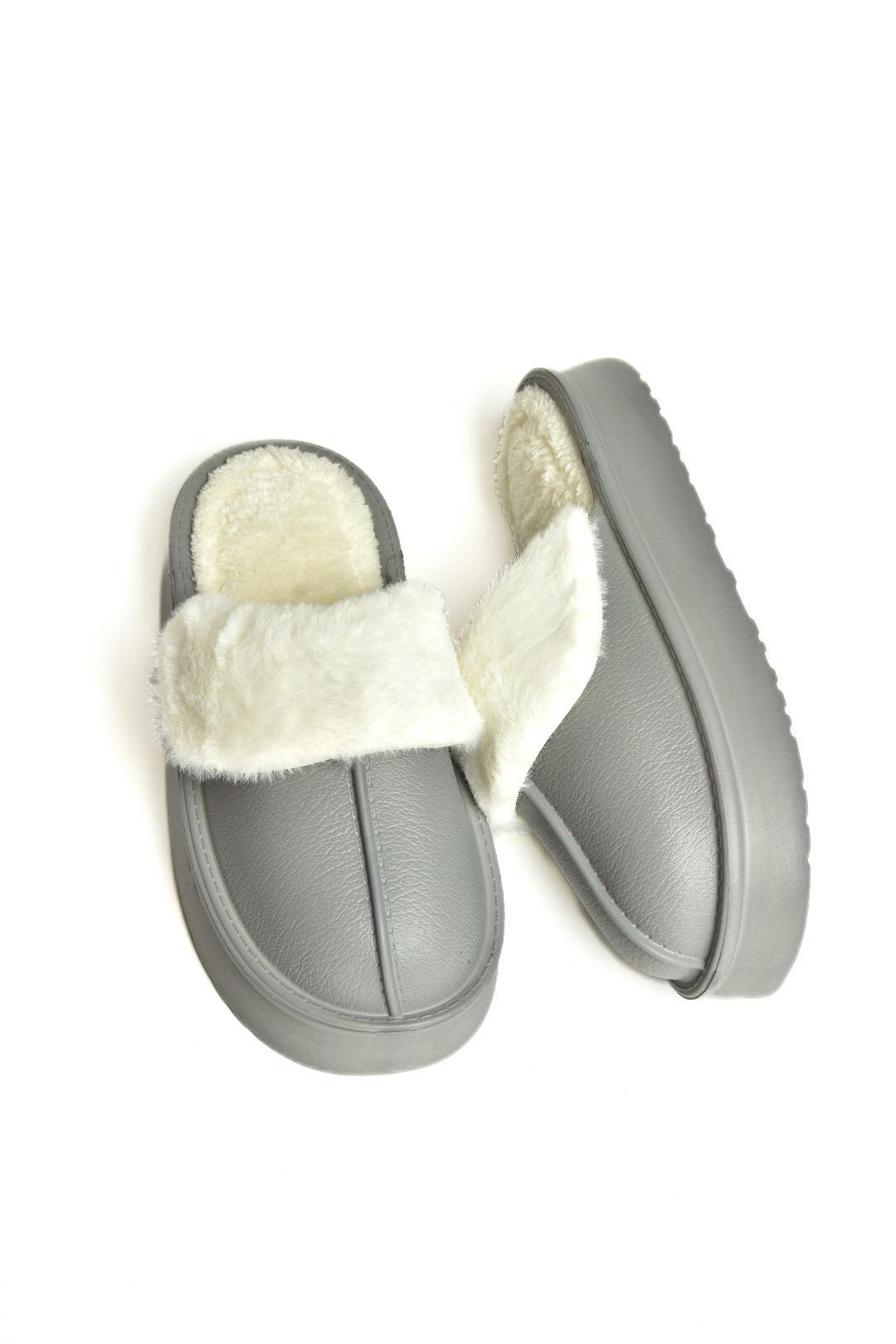 T918264209 Gri İçi Peluş Kadın Terlik