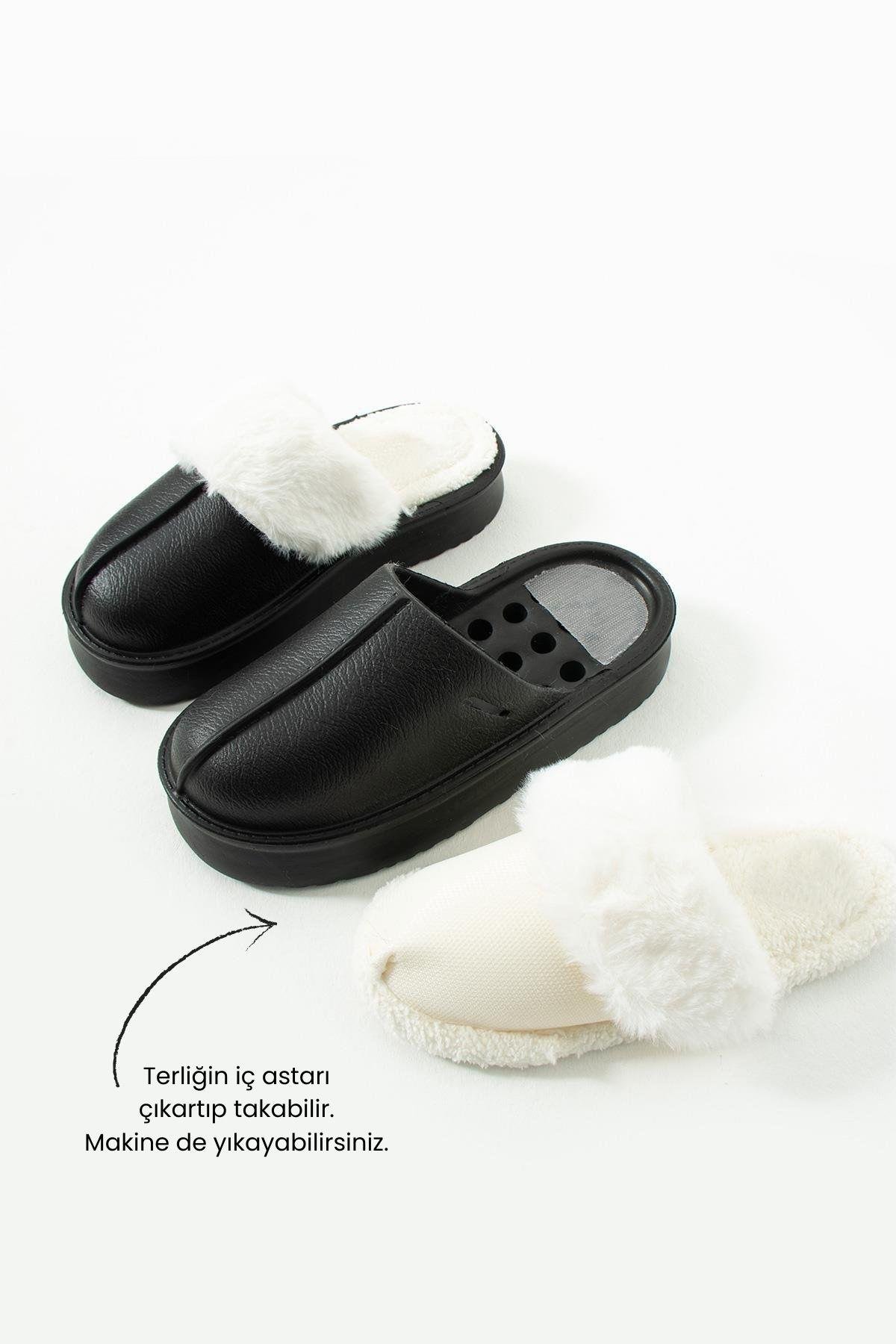 T918264209 Siyah İçi Peluş Kadın Terlik