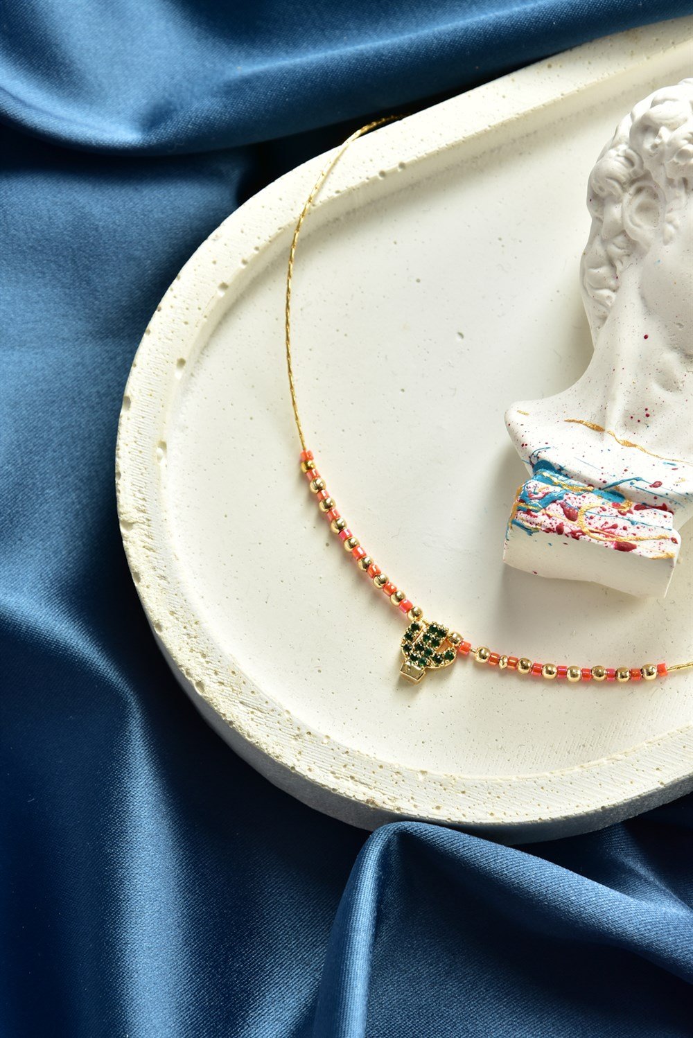 Turuncu Taş Detaylı Kaktüs Uçlu Gold Zincir Halhal KA071263