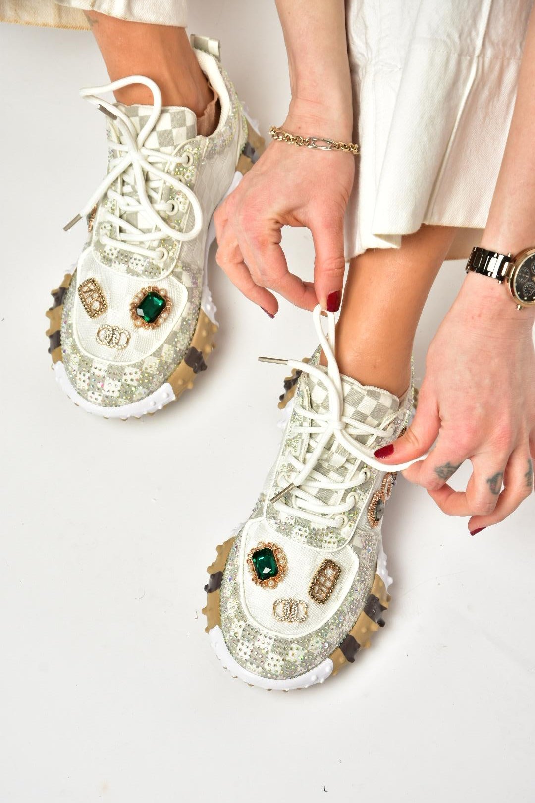 U380143604 Bej Kumaş Taşlı Spor Ayakkabı Sneakers