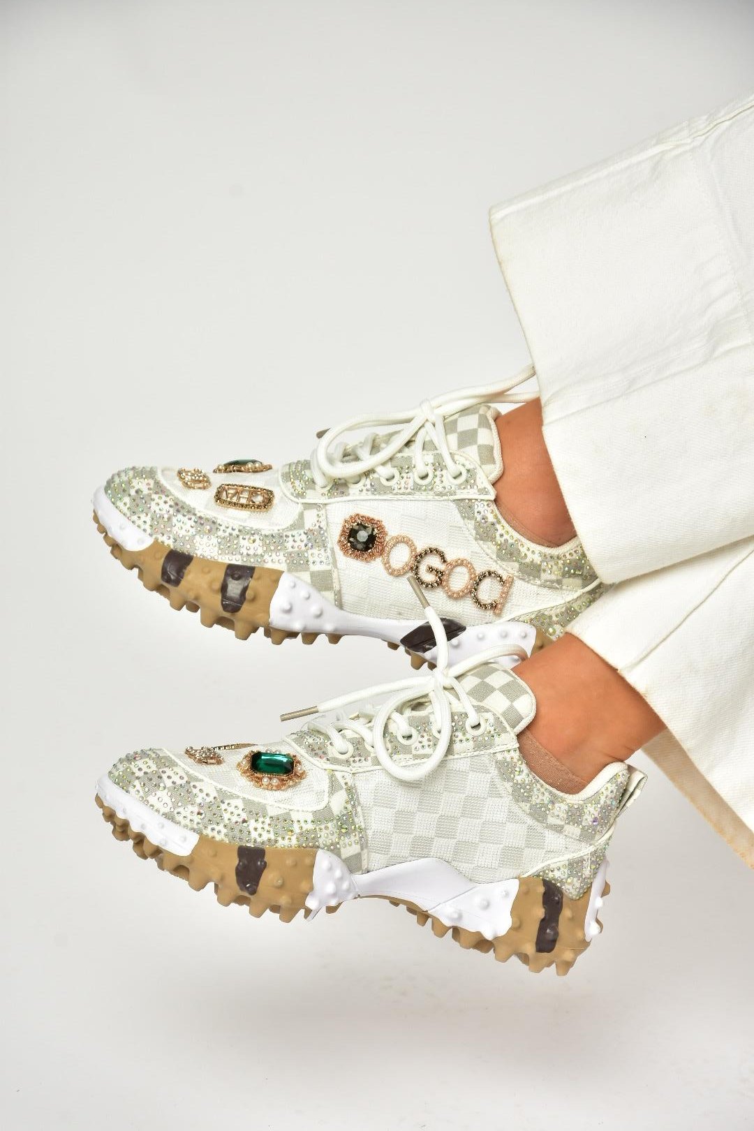 U380143604 Bej Kumaş Taşlı Spor Ayakkabı Sneakers