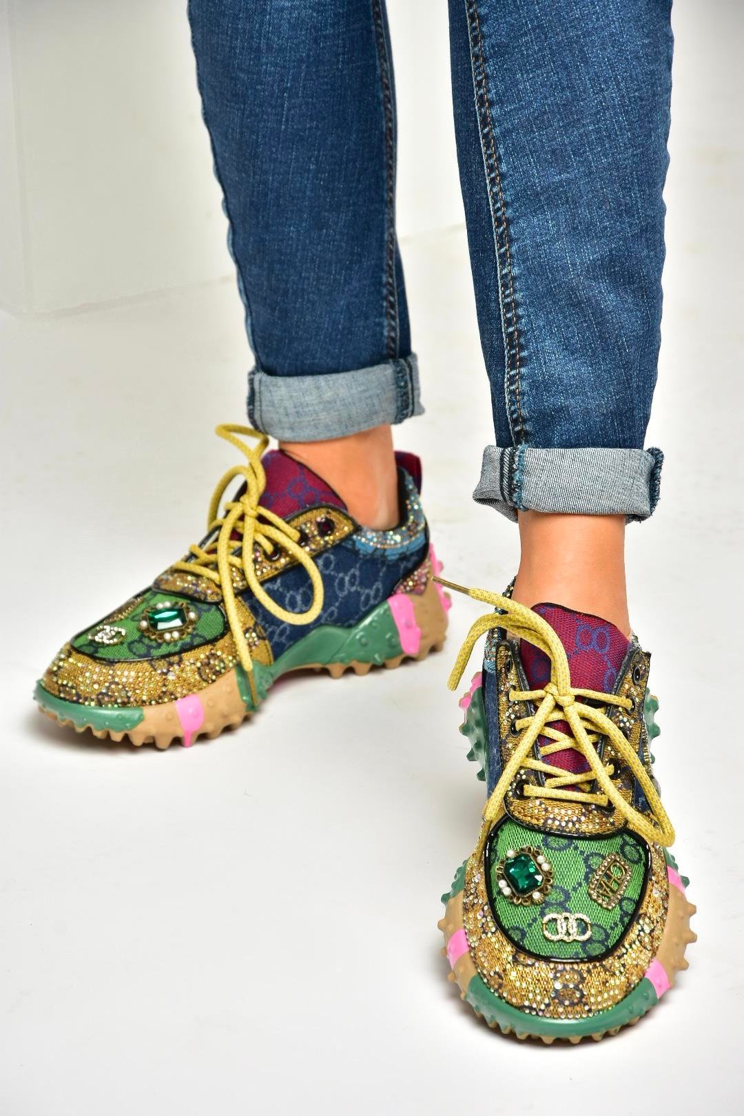 U380143604 Lacivert/Yeşil Kumaş Taşlı Spor Ayakkabı Sneakers