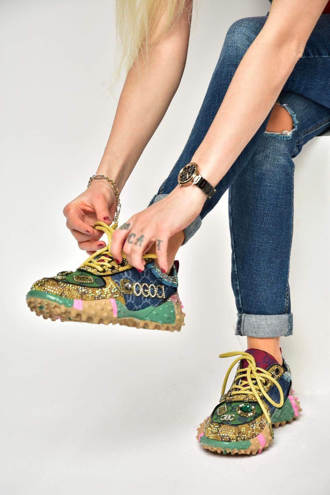 U380143604 Lacivert/Yeşil Kumaş Taşlı Spor Ayakkabı Sneakers