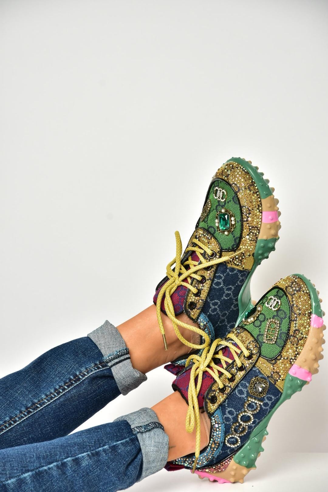 U380143604 Lacivert/Yeşil Kumaş Taşlı Spor Ayakkabı Sneakers