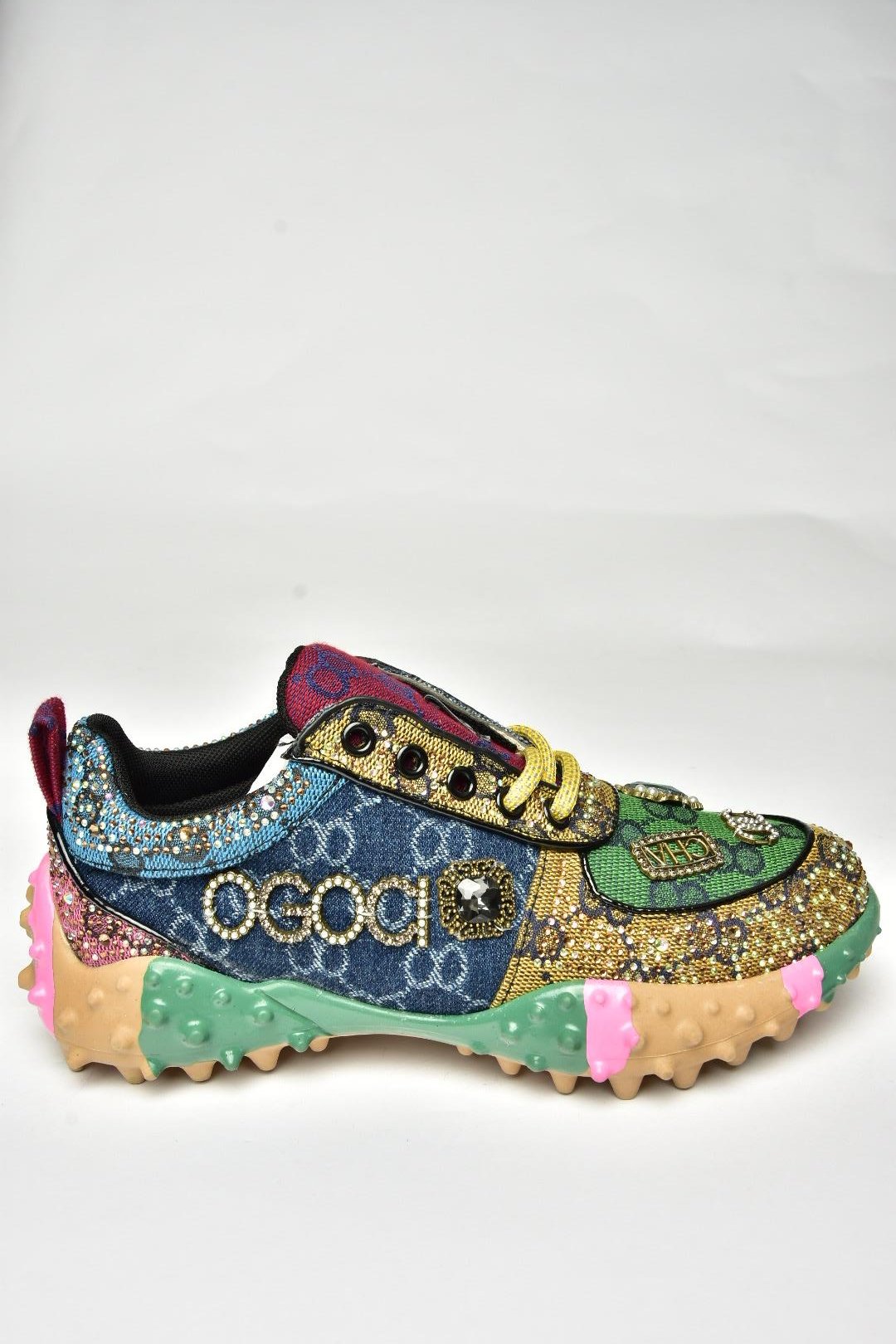 U380143604 Lacivert/Yeşil Kumaş Taşlı Spor Ayakkabı Sneakers