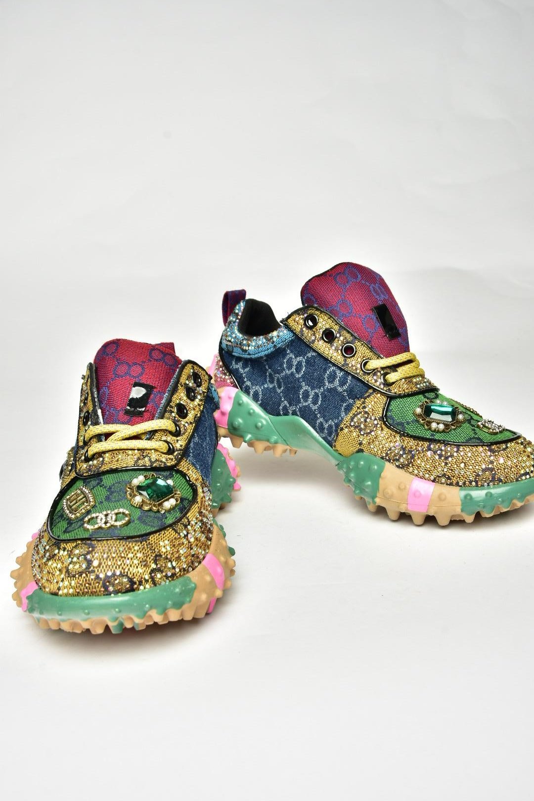 U380143604 Lacivert/Yeşil Kumaş Taşlı Spor Ayakkabı Sneakers