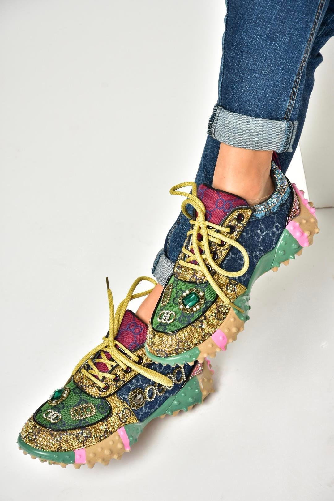 U380143604 Lacivert/Yeşil Kumaş Taşlı Spor Ayakkabı Sneakers