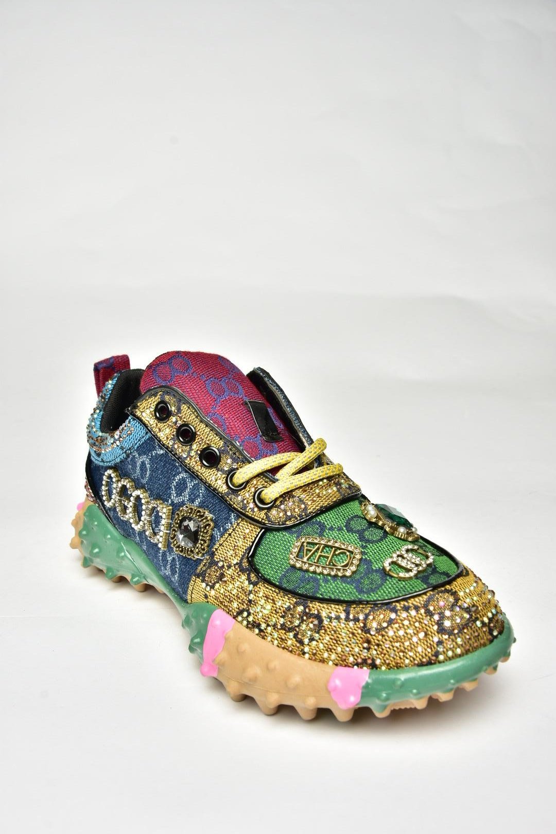 U380143604 Lacivert/Yeşil Kumaş Taşlı Spor Ayakkabı Sneakers