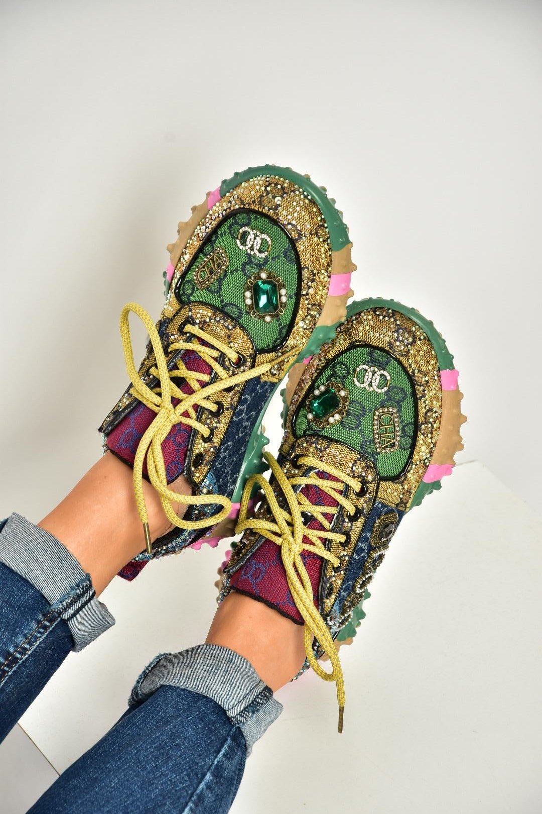 U380143604 Lacivert/Yeşil Kumaş Taşlı Spor Ayakkabı Sneakers