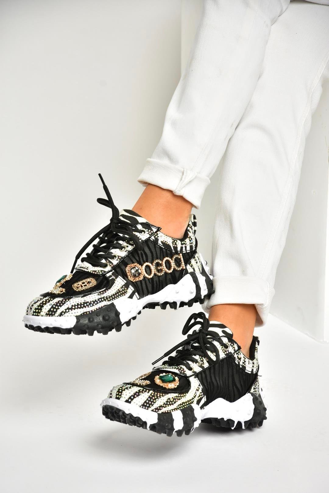 U380143604 Siyah Kumaş Taşlı Spor Ayakkabı Sneakers