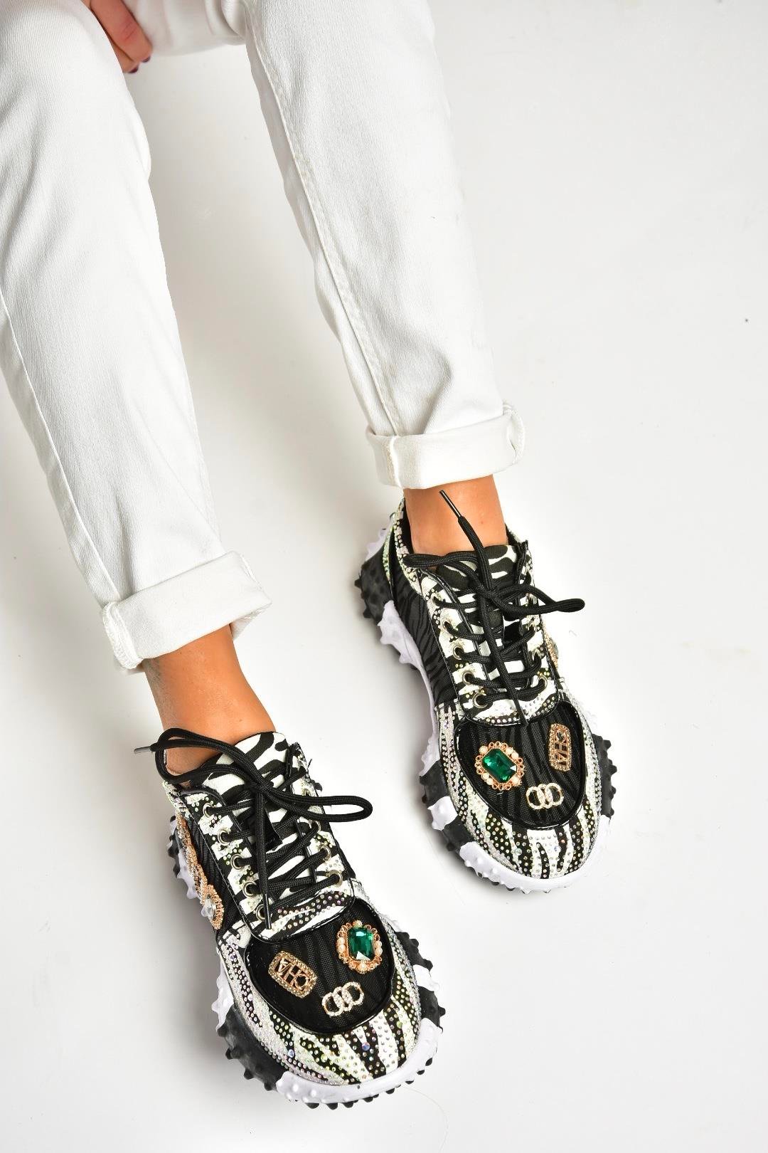 U380143604 Siyah Kumaş Taşlı Spor Ayakkabı Sneakers