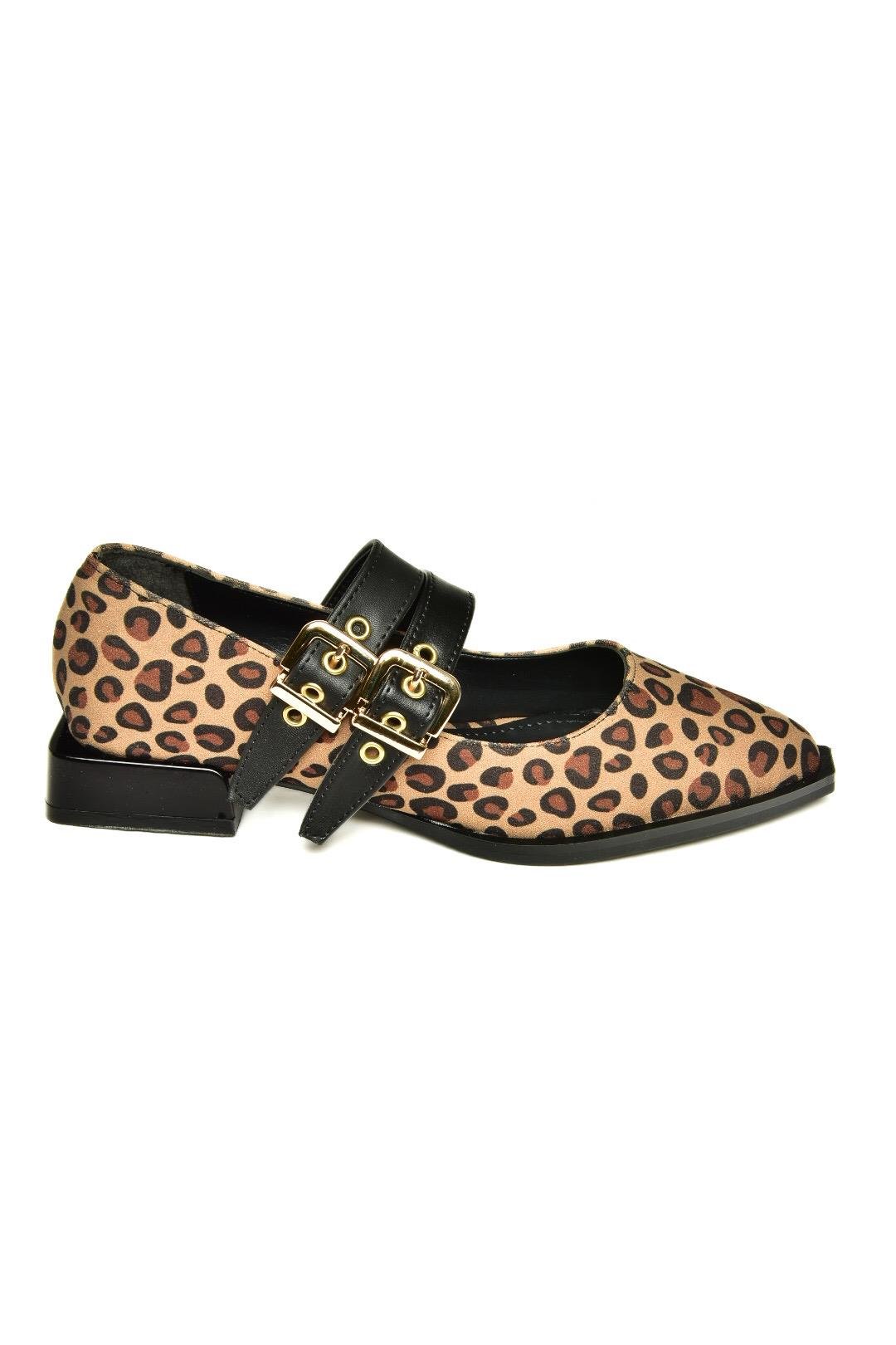 U518800302 Leopar Süet Alçak Topuklu Kadın Ayakkabı