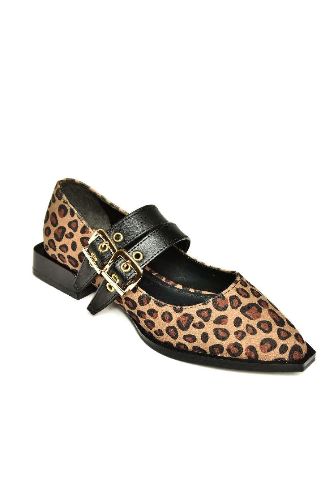U518800302 Leopar Süet Alçak Topuklu Kadın Ayakkabı