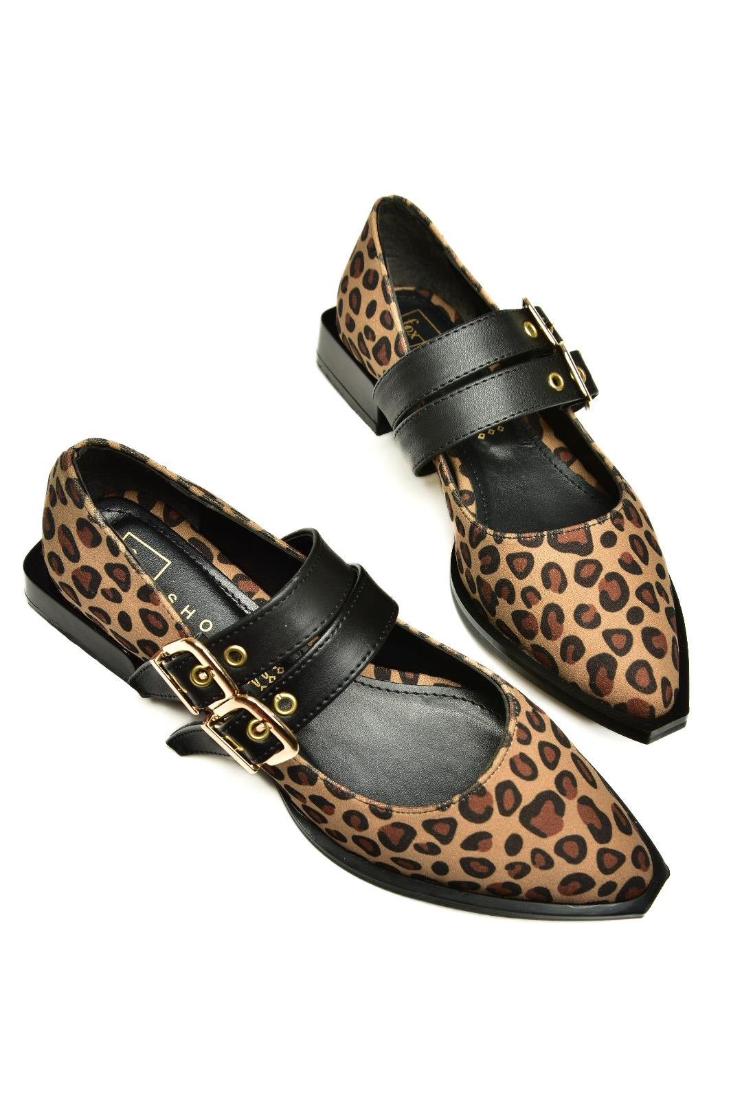 U518800302 Leopar Süet Alçak Topuklu Kadın Ayakkabı