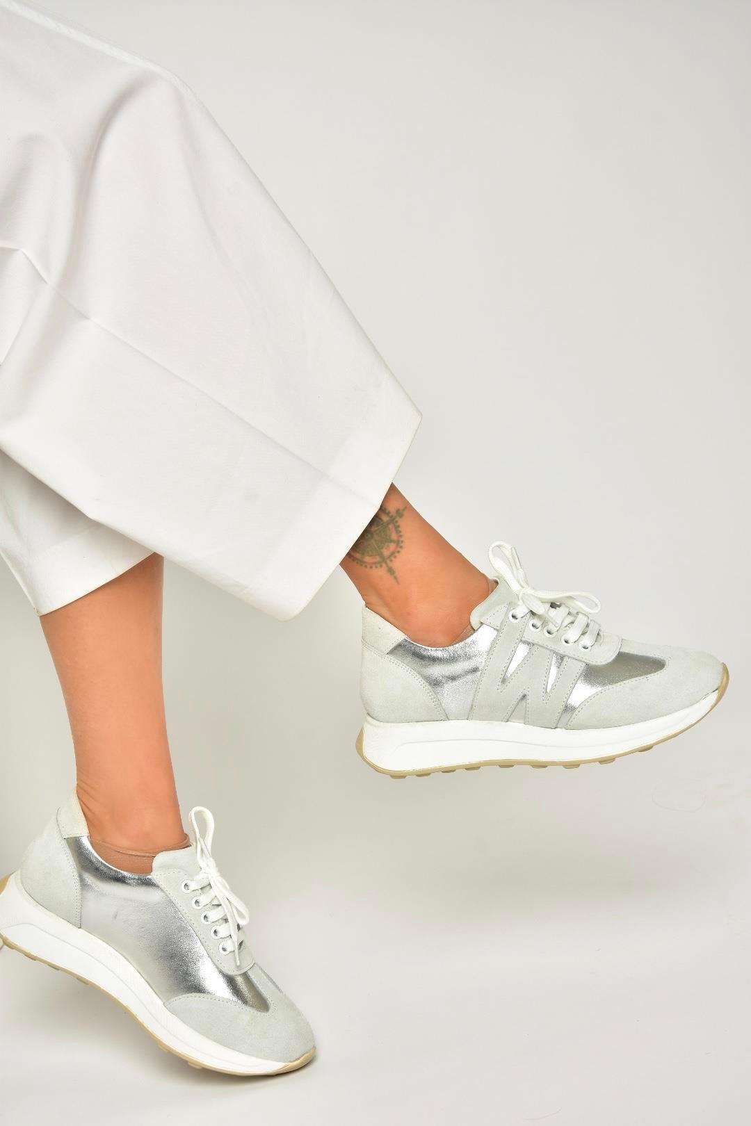 U540039903 Gümüş Hakiki Deri Spor Ayakkabı Sneakers