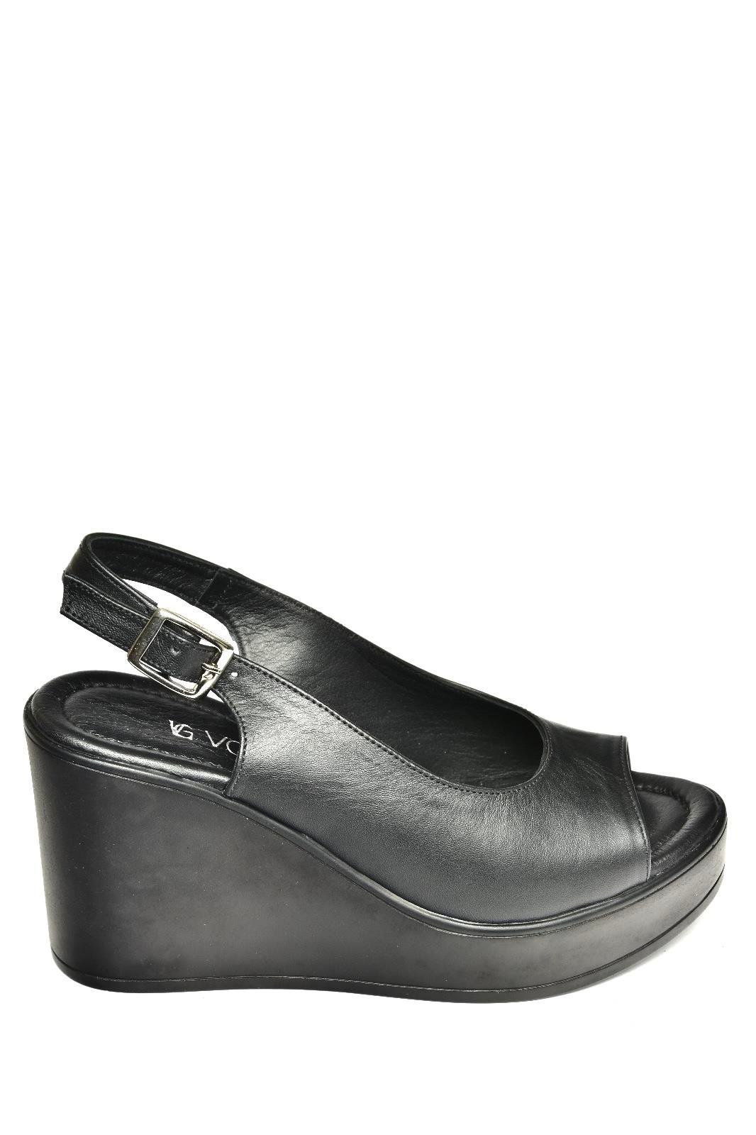 U555225003 Siyah Hakiki Deri Dolgu Topuklu Kadın Ayakkabı