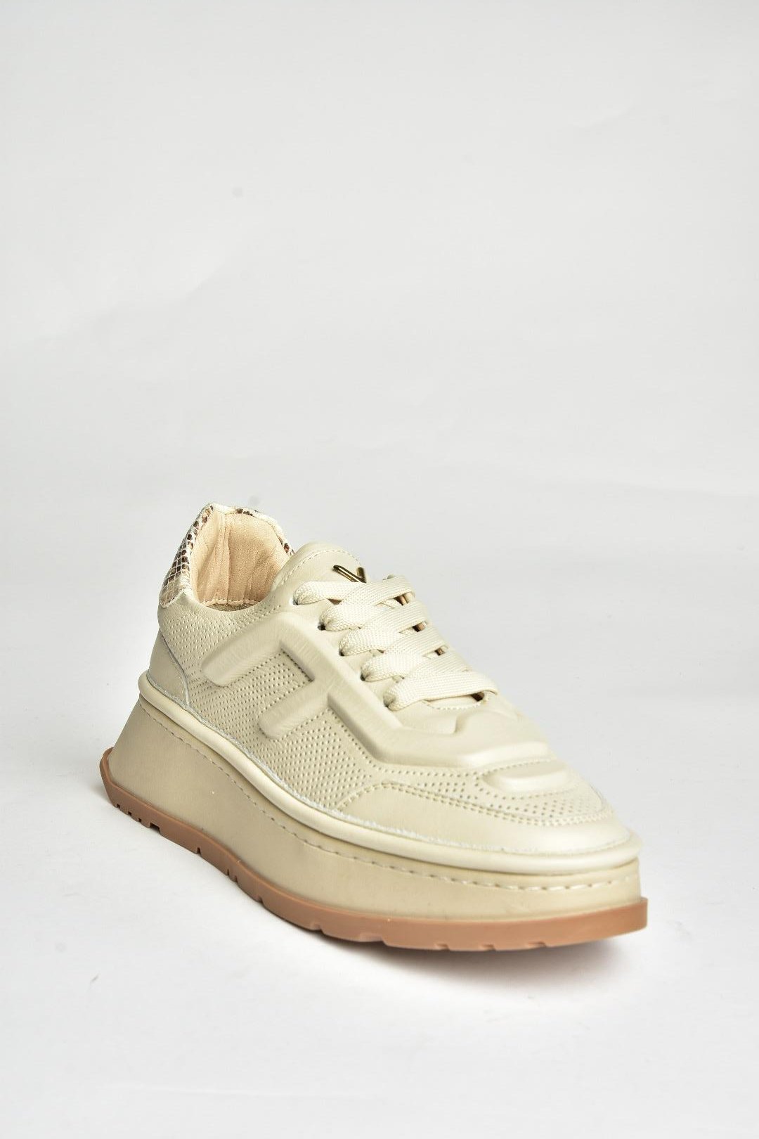 U555605603 Bej Hakiki Deri Kalın Tabanlı Spor Ayakkabı Sneakers