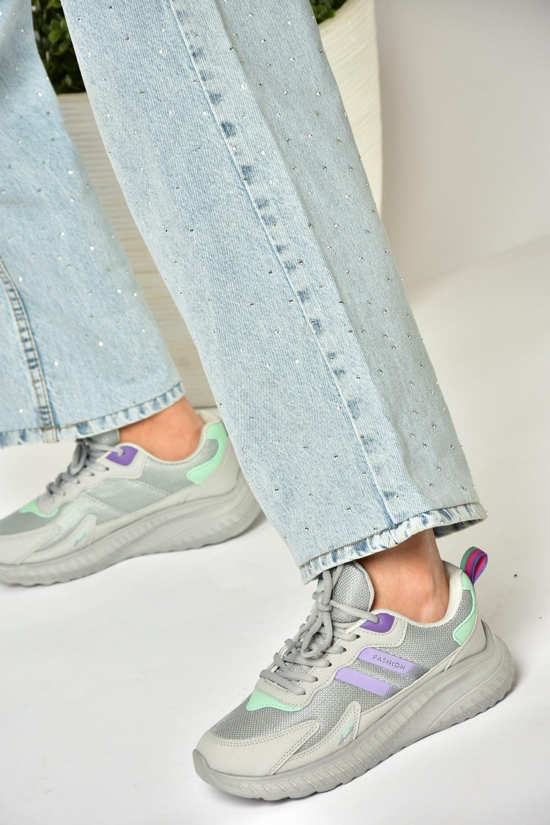 U702001504 Gri/Lila Kumaş Spor Ayakkabı Sneakers