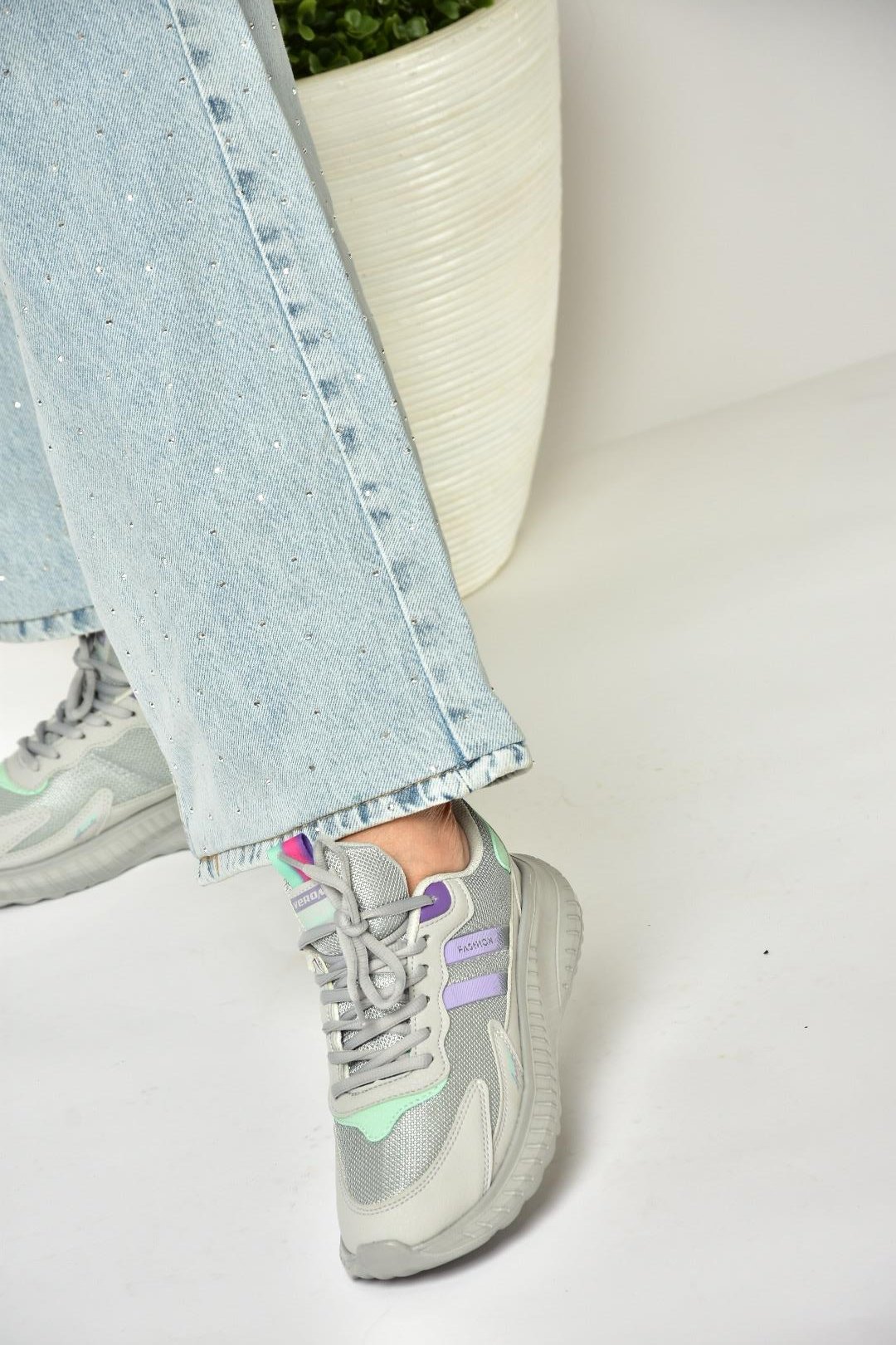 U702001504 Gri/Lila Kumaş Spor Ayakkabı Sneakers
