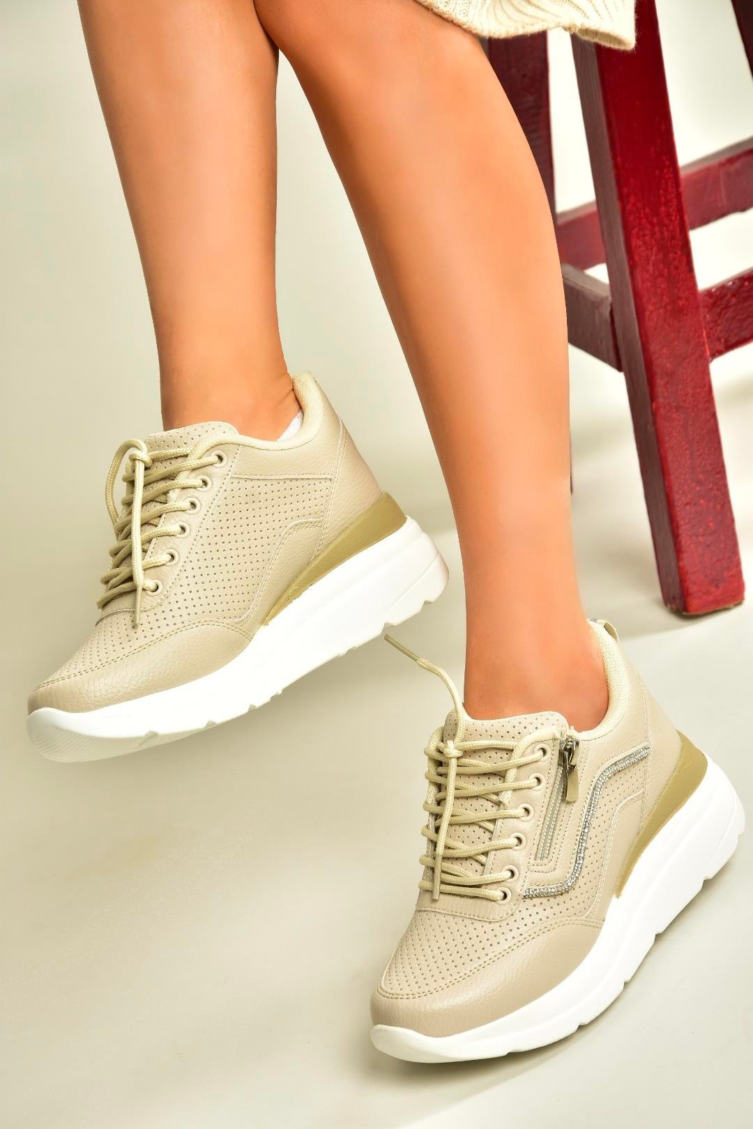 U702020709 Bej Kalın Tabanlı Spor Ayakkabı Sneakers