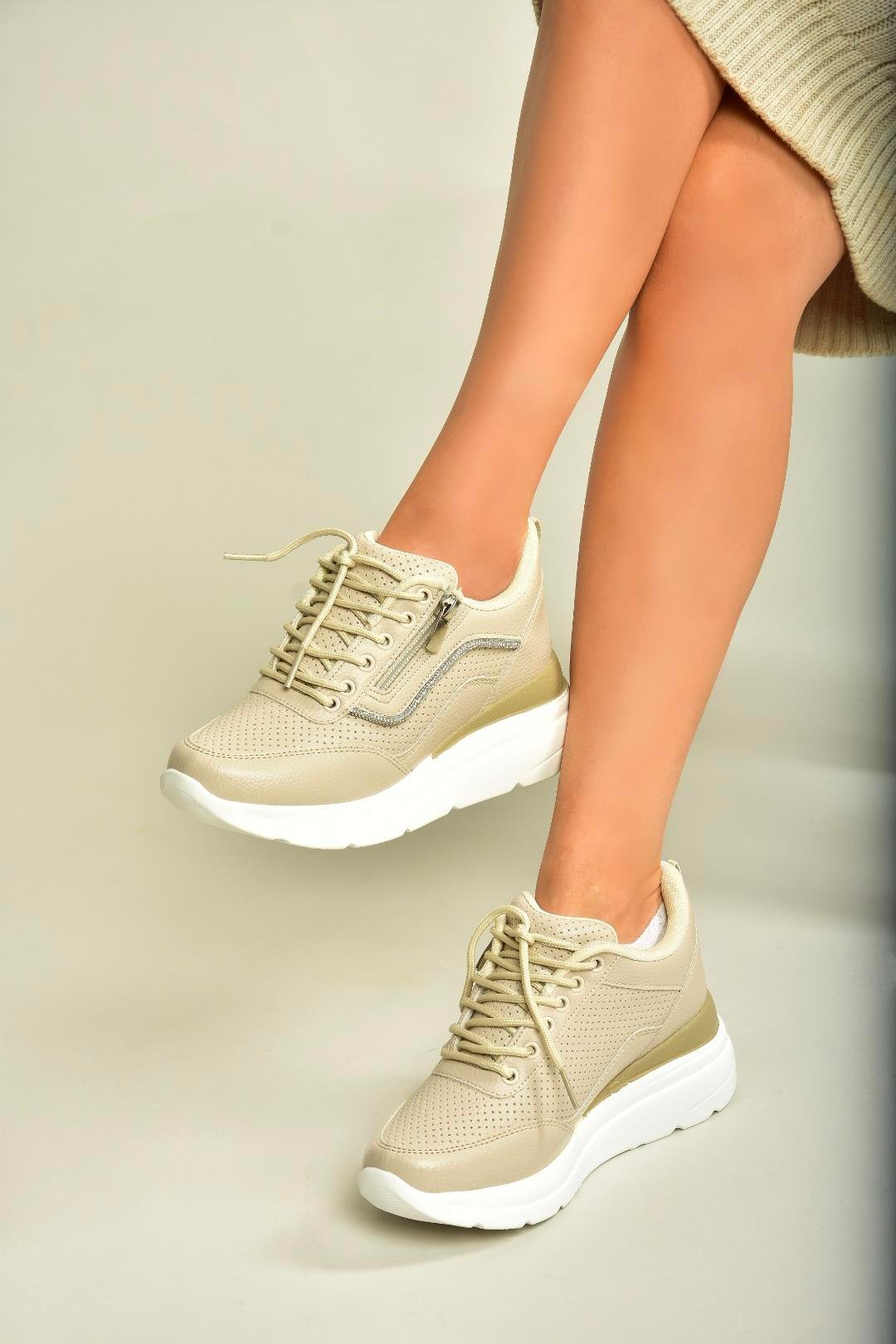 U702020709 Bej Kalın Tabanlı Spor Ayakkabı Sneakers