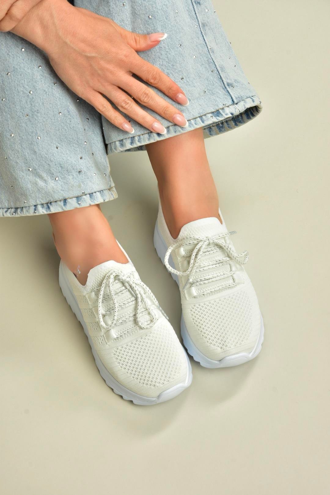 U702101204 Beyaz Kumaş Spor Ayakkabı Sneakers