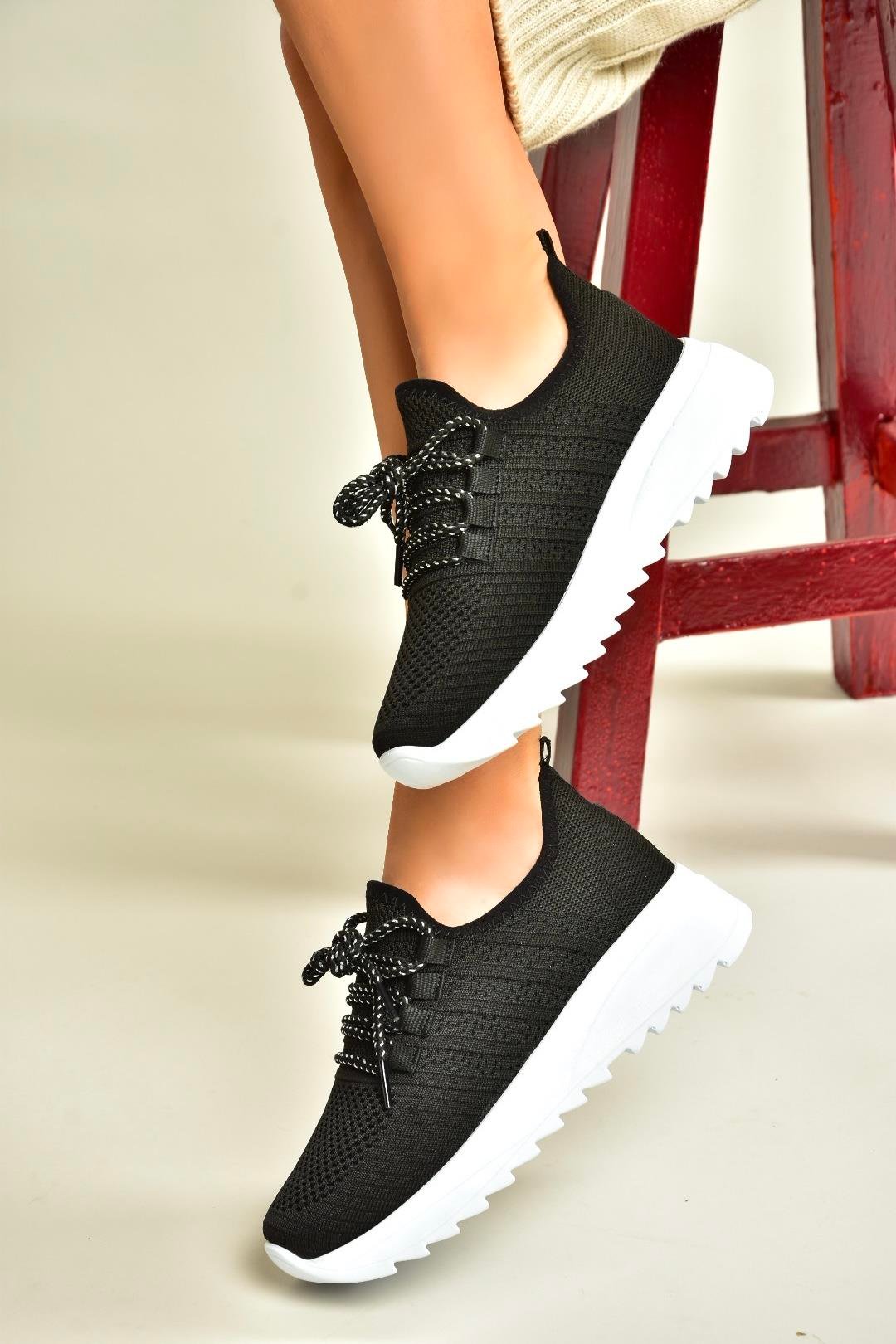 U702101204 Siyah/Beyaz Kumaş Spor Ayakkabı Sneakers