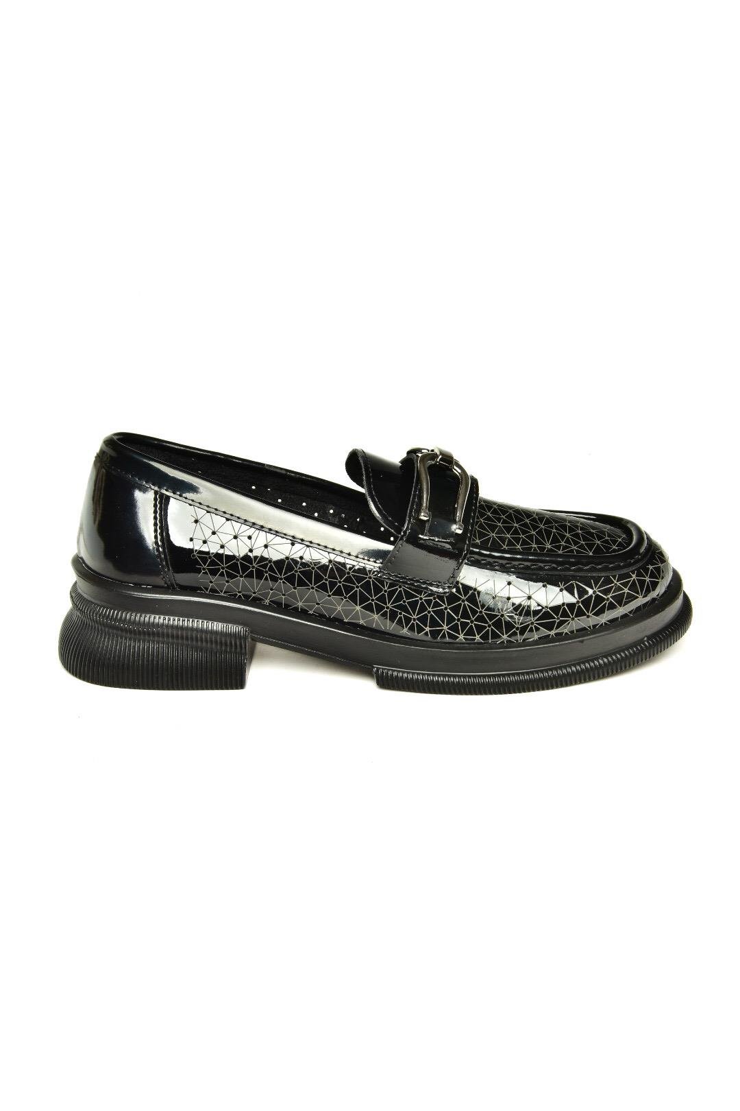 U704126508 Siyah Rugan Loafer Makosen Kadın Ayakkabı