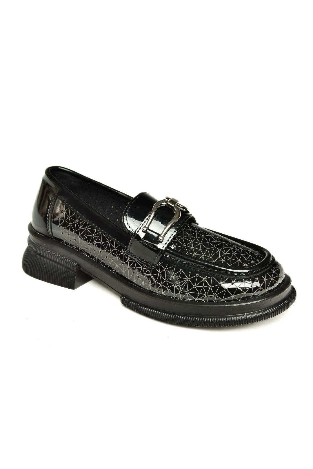 U704126508 Siyah Rugan Loafer Makosen Kadın Ayakkabı