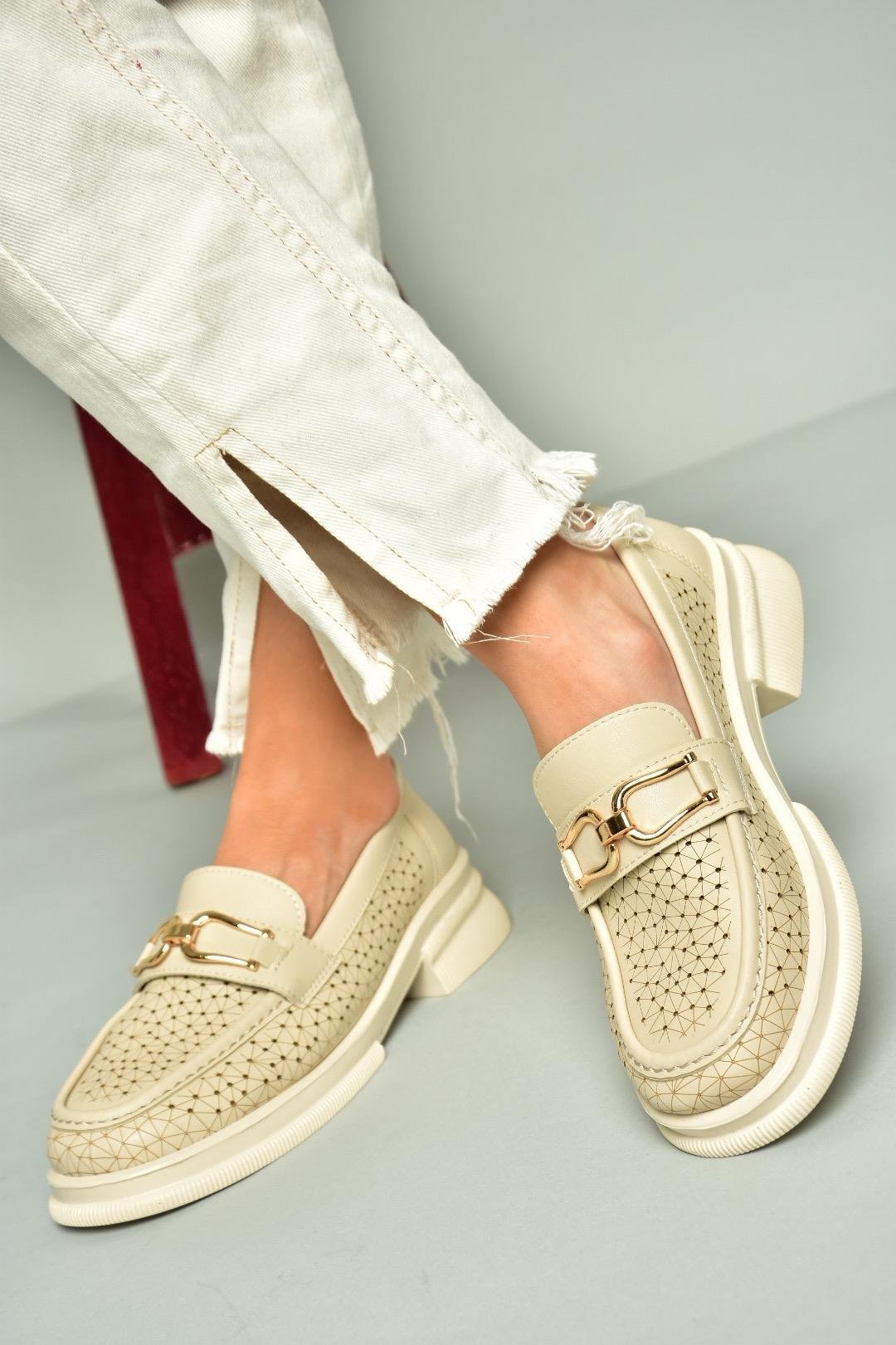 U704126509 Bej Loafer Makosen Kadın Ayakkabı