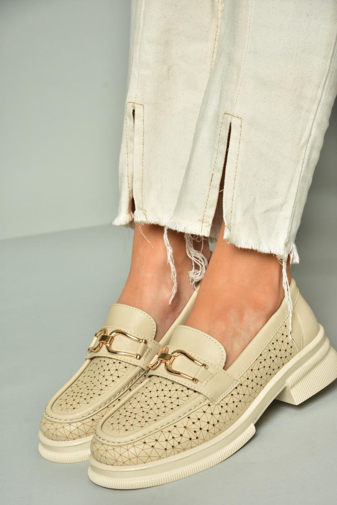 U704126509 Bej Loafer Makosen Kadın Ayakkabı