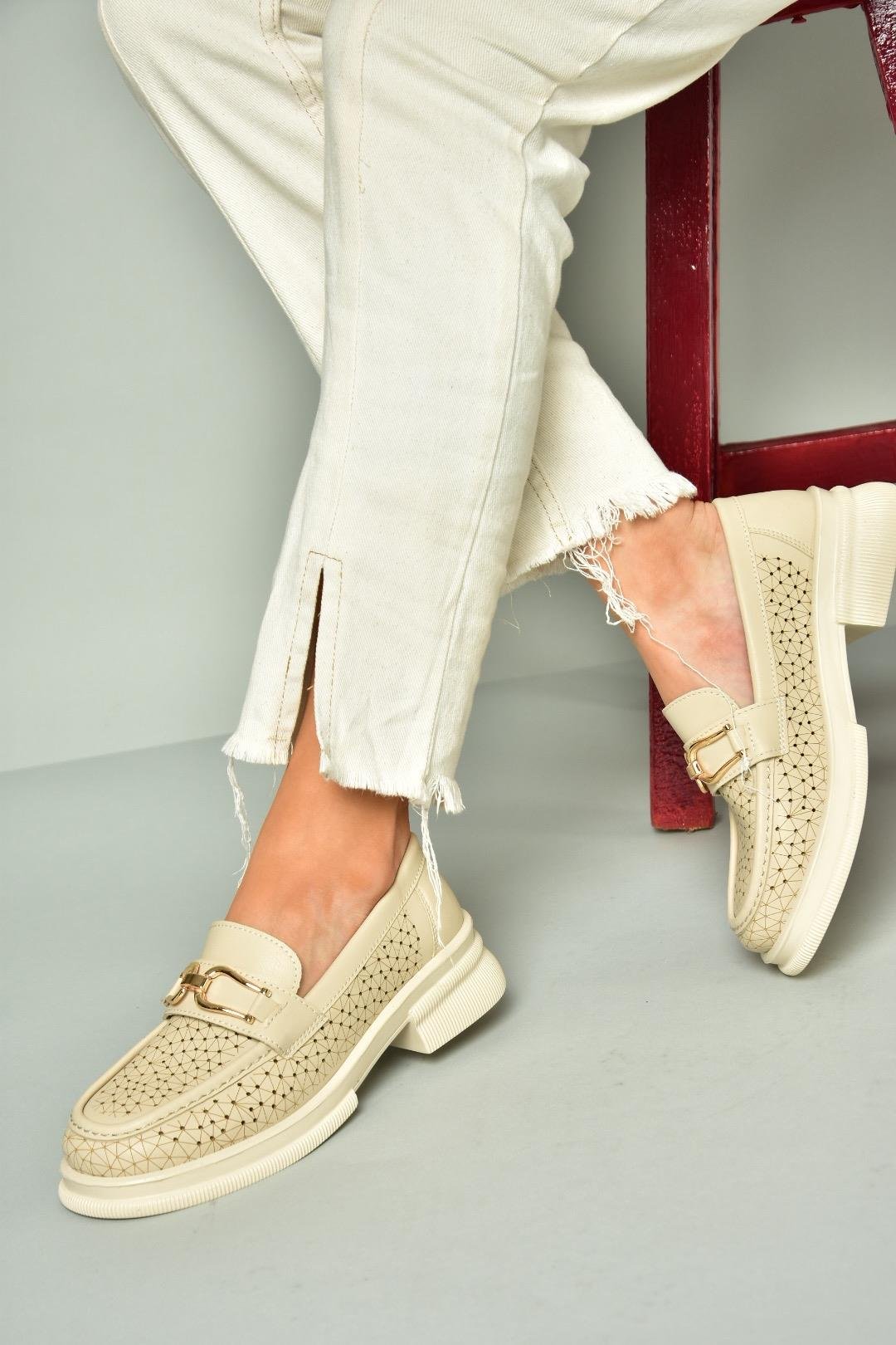 U704126509 Bej Loafer Makosen Kadın Ayakkabı