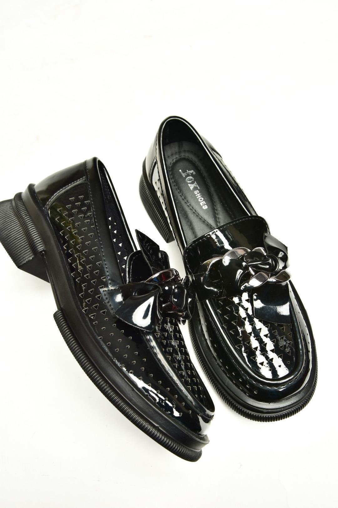 U704137508 Siyah Rugan Loafer Makosen Kadın Ayakkabı