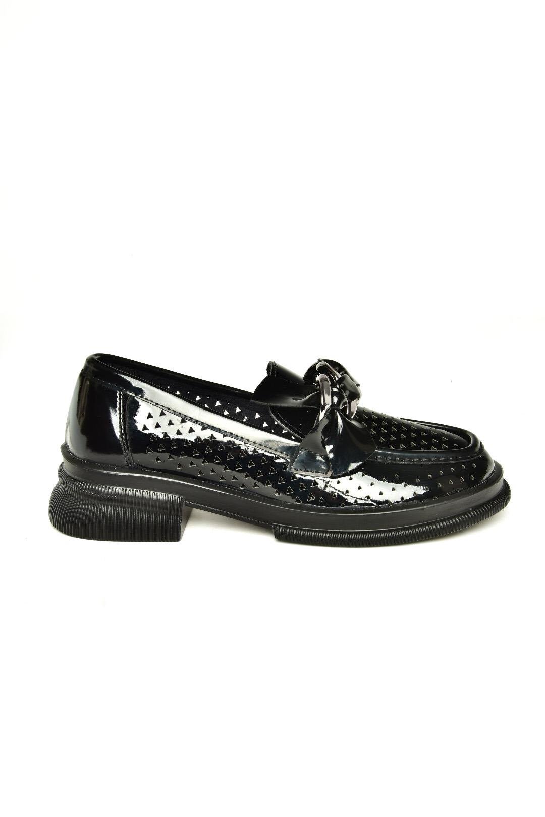 U704137508 Siyah Rugan Loafer Makosen Kadın Ayakkabı