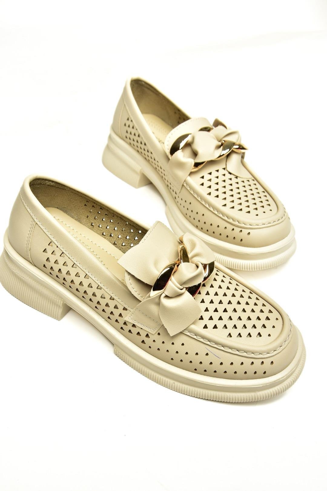 U704137509 Bej Loafer Makosen Kadın Ayakkabı