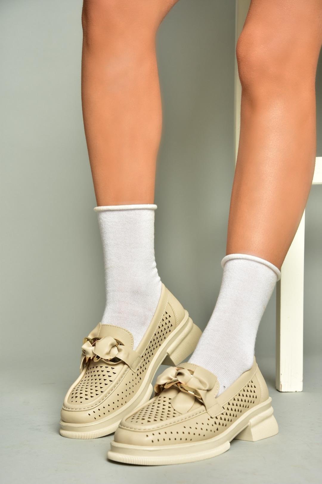 U704137509 Bej Loafer Makosen Kadın Ayakkabı
