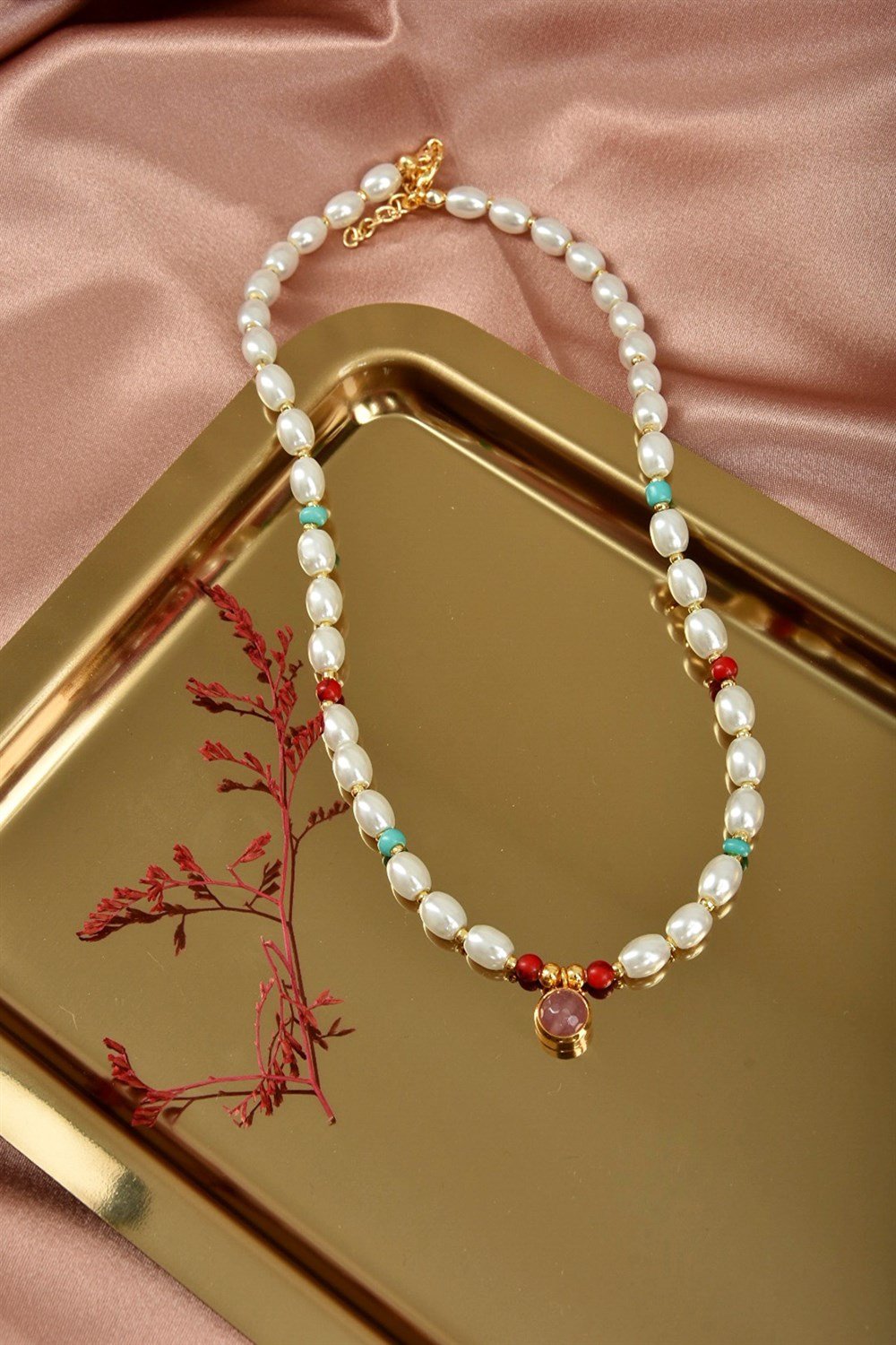 Ucu Pembe Taşlı İnci Kolye 39 cm KA011019