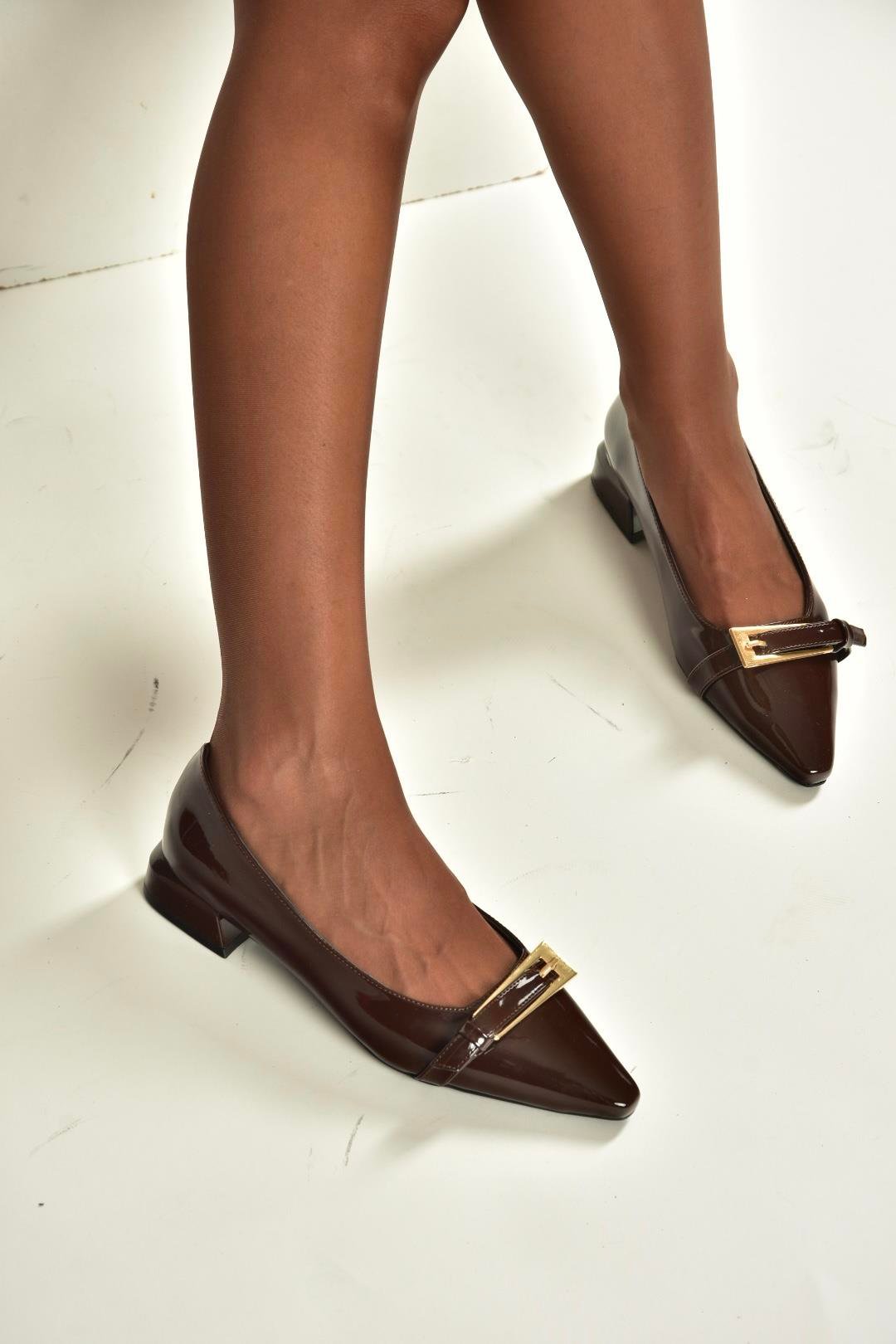 V250093008 Kahverengi Rugan Sivri Burun Alçak Topuklu Kadın Ayakkabı