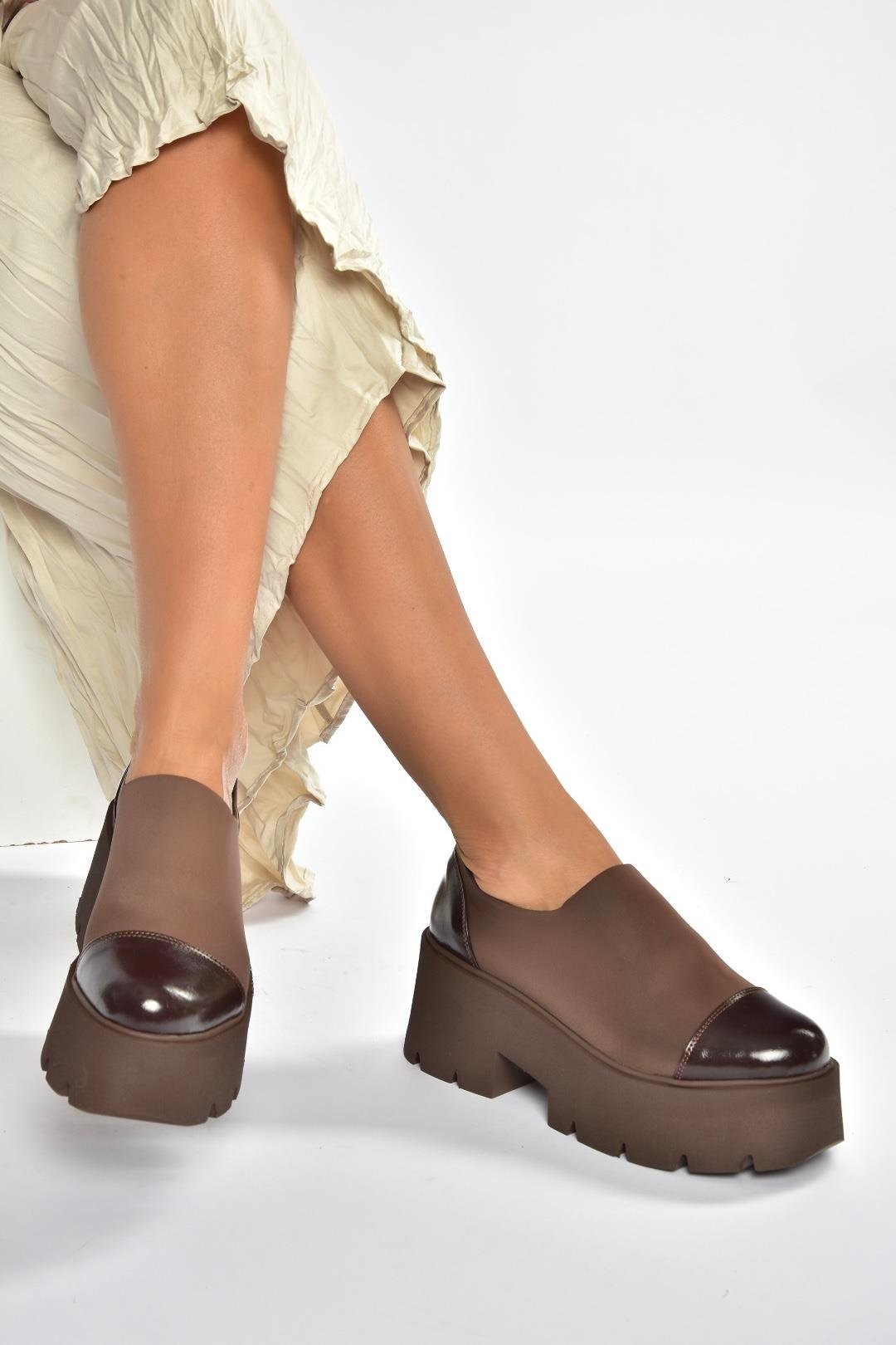 V272906404 Kahverengi Kumaş Kalın Tabanlı Kadın Ayakkabı