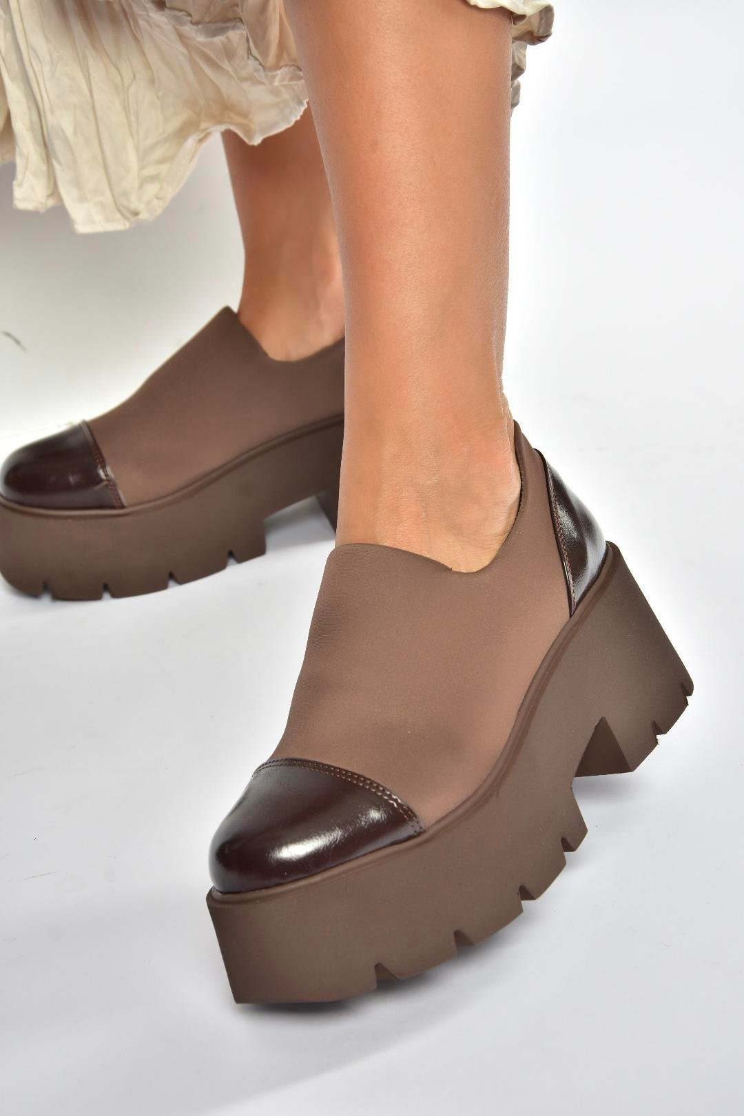 V272906404 Kahverengi Kumaş Kalın Tabanlı Kadın Ayakkabı