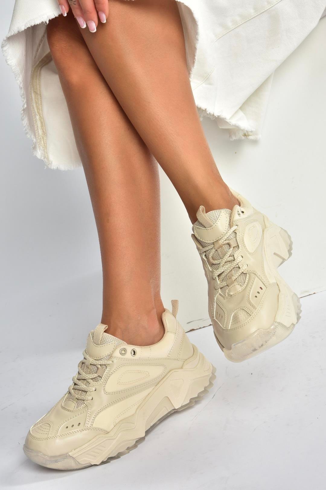 V312611809 Bej Kalın Tabanlı Spor Ayakkabı Sneakers