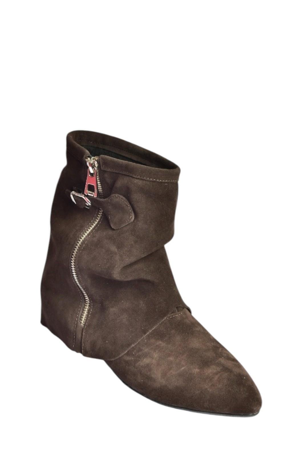 V380614202 Kahverengi Hakiki Deri Süet Fermuar Detaylı Günlük Kadın Bot