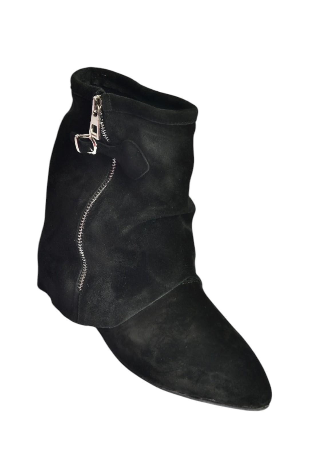 V380614202 Siyah Hakiki Deri Süet Fermuar Detaylı Günlük Kadın Bot