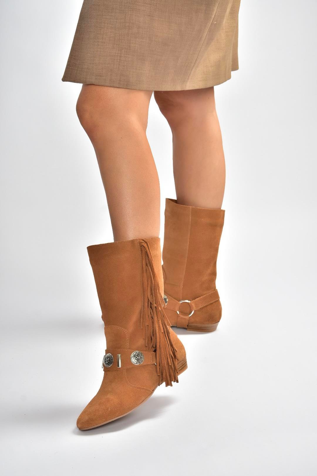 V380625502 Taba Süet Püskül Detaylı Kadın Bot