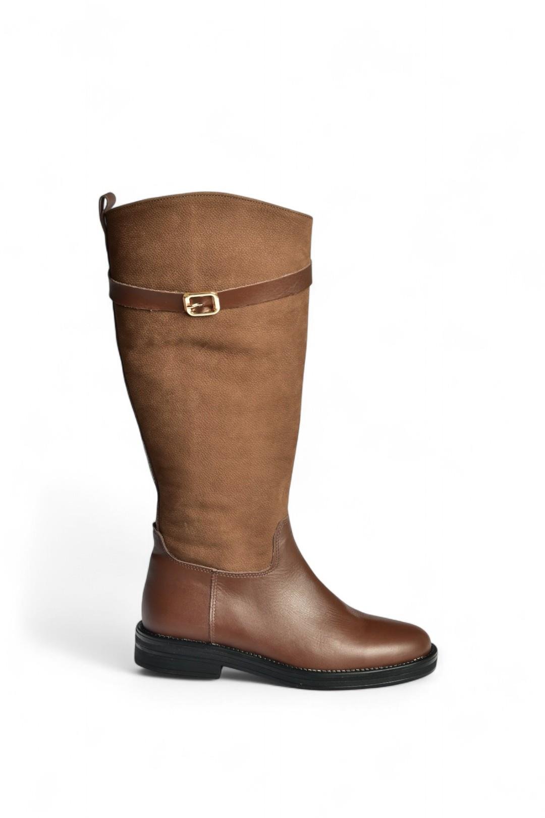 V654002803 Kahverengi Hakiki Deri Düz Tabanlı Binici Çizmesi